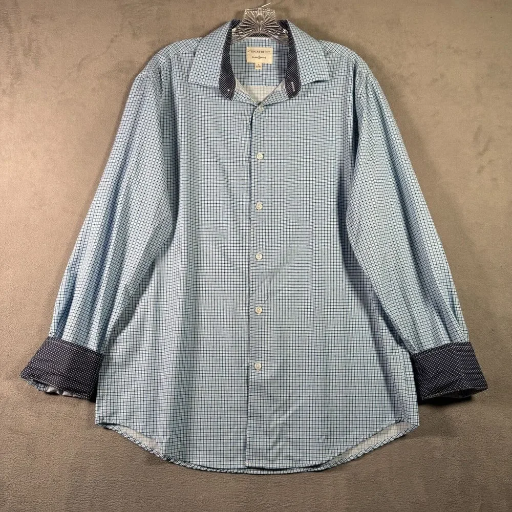 CON.STRUCT Shirt Mens L Blue Plaid 4 Way Stretch Button Up Long‎ Sleeve Office